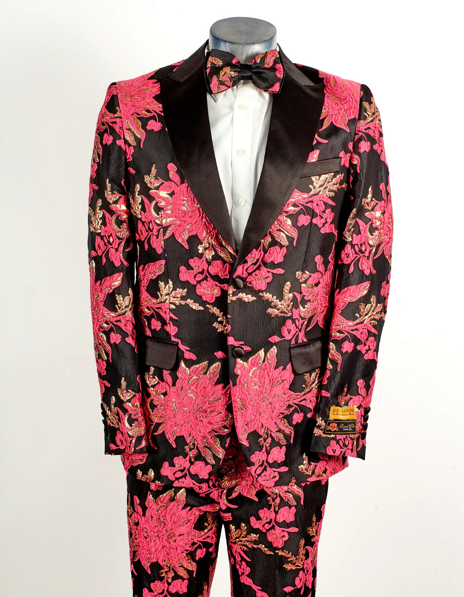 Best Mens 2 Button Hot Pink Fuschia & Black Floral Paisley Tuxedo Blazer  - For Men  Fashion Perfect For Wedding or Prom or Business  or Church