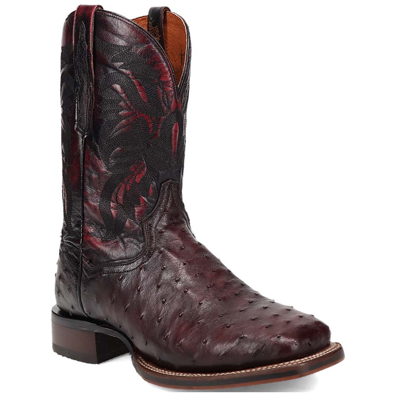 Dan Post Men’s Alamosa Black and Cherry Full Quill Ostrich Boots - 7D