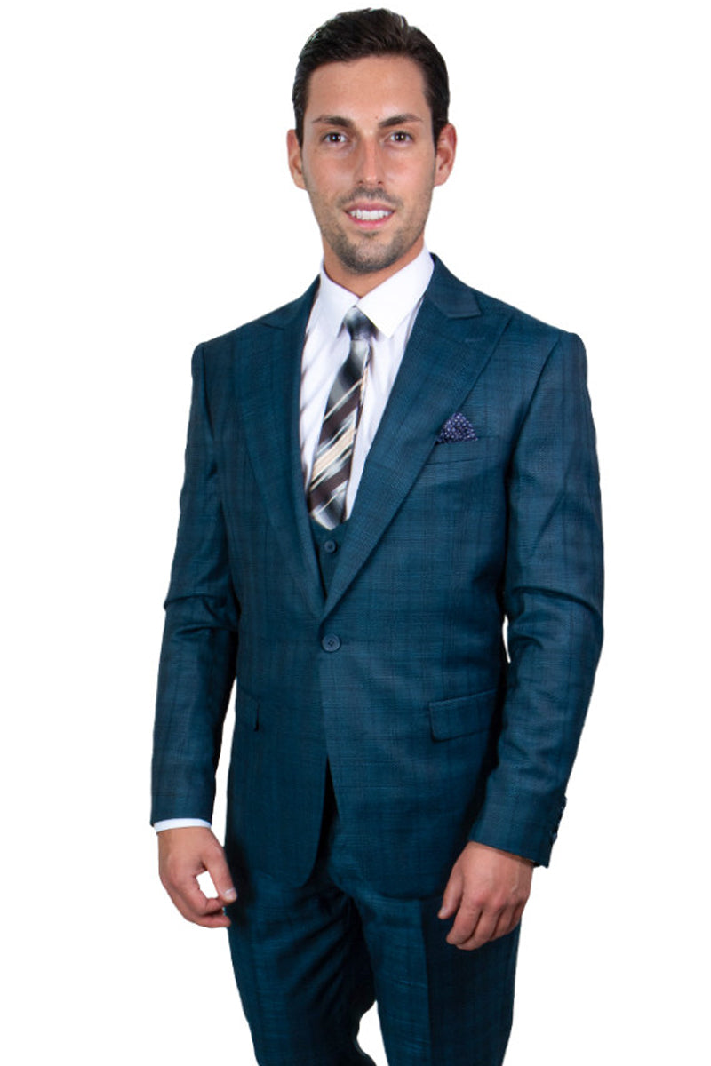"Mens Stacy Adams Suit - Stacy Adams Suit Men's Glen Plaid Suit - One Button Vested Peak Lapel in Blue & Green" - 38 Regular