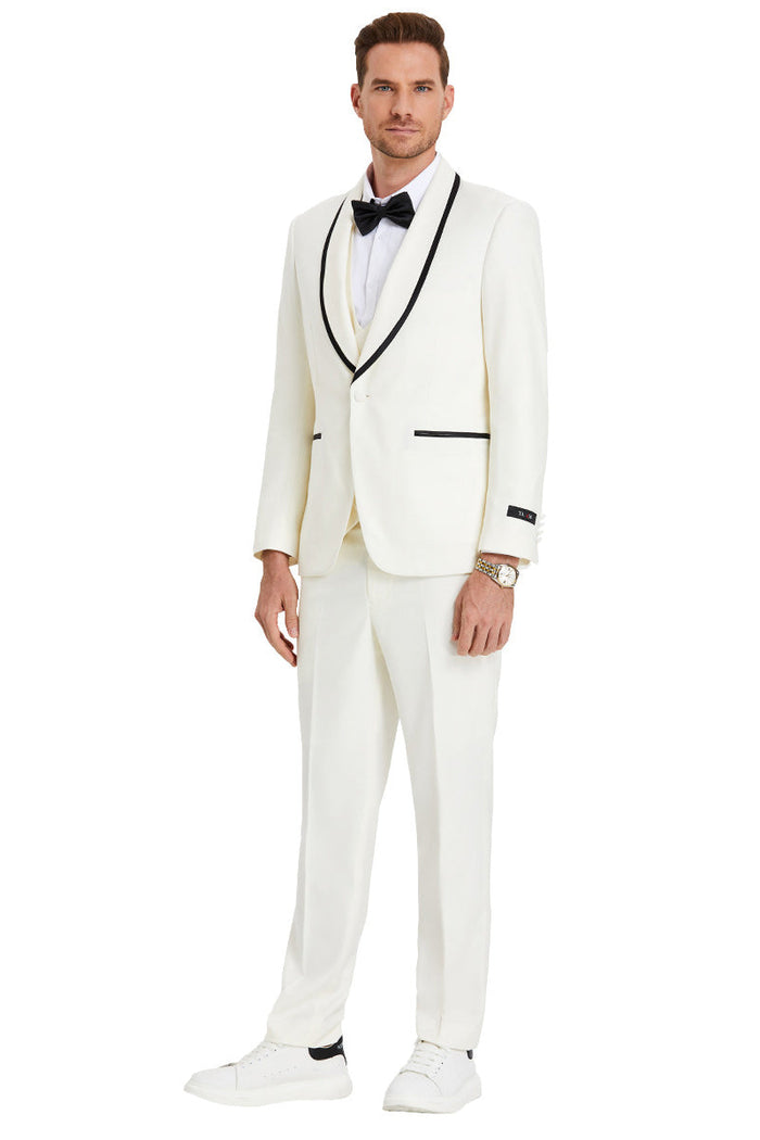 Ivory Birdseye Men's Shawl Tuxedo with One Button Vested & Black Satin Trim