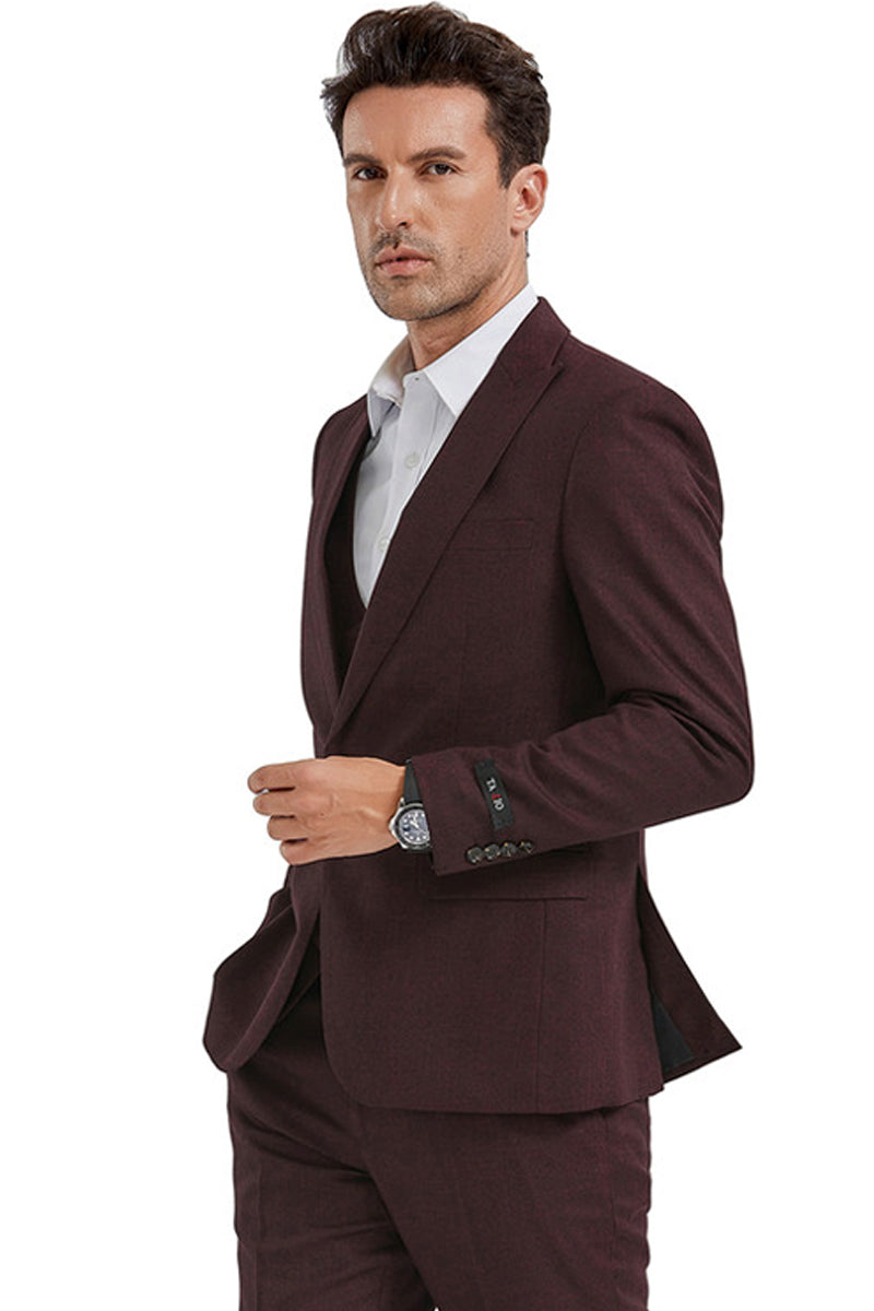 "Burgundy Sharkskin Men's Slim Fit Suit with Peak Lapel & Double Breasted Vest"