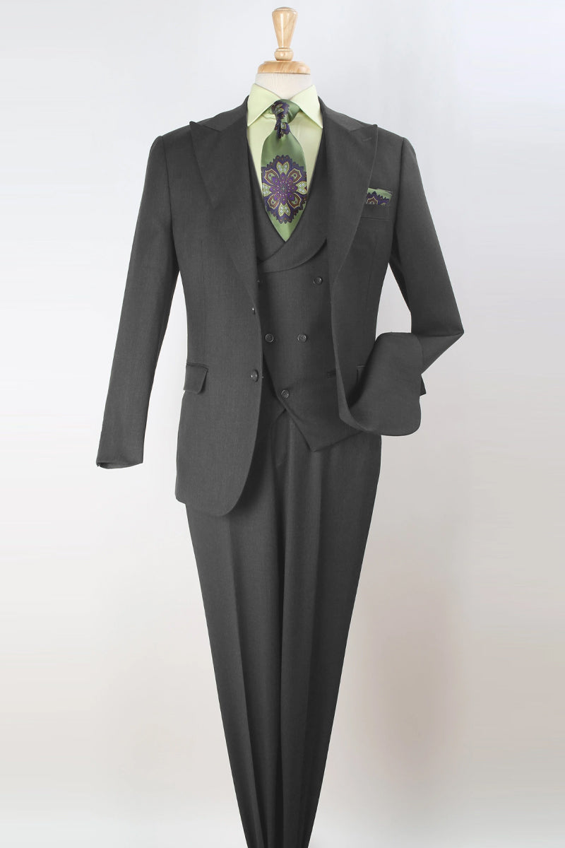 "Charcoal Grey Wool Suit: Men's Double Breasted Vest with Wide Peak Lapel"