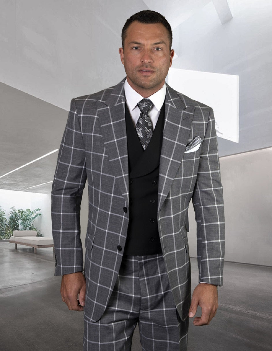 Mens 2 Button Wide Peak Lapel Suit with Double Breasted Shawl Lapel Vest in Black Windowpane - 34 Short