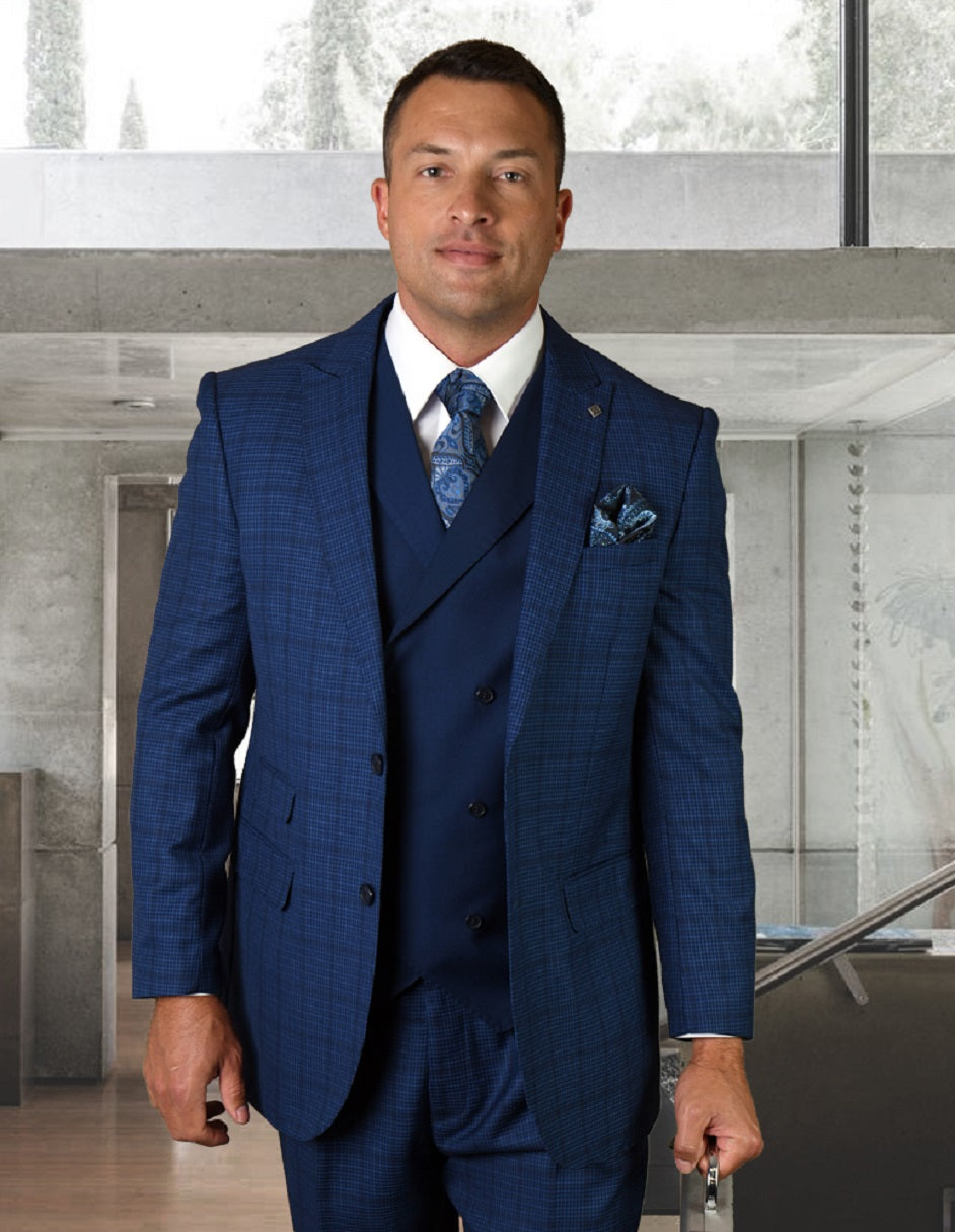 Mens 2 Button Wide Peak Lapel Suit with Double Breasted Shawl Lapel Vest in Sapphire Windowpane - 34 Short