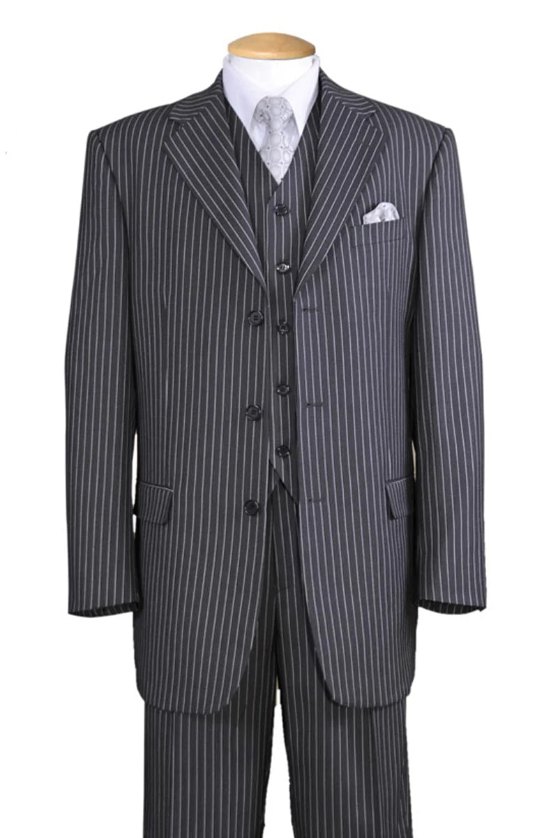 Mens Vested 3 Button 1920's Bold Gangster Chalk Pinstripe Suit in Charcoal