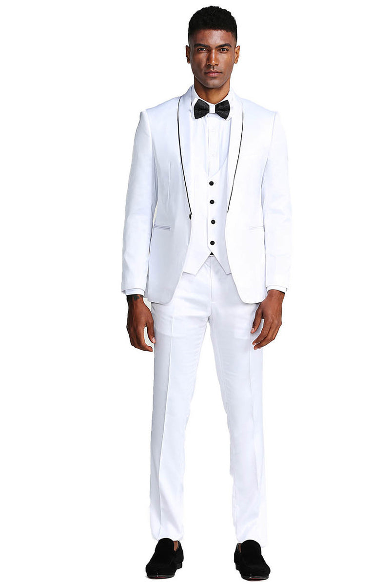 White Men's Slim Fit Satin Tuxedo Suit - Vested Prom & Wedding Attire