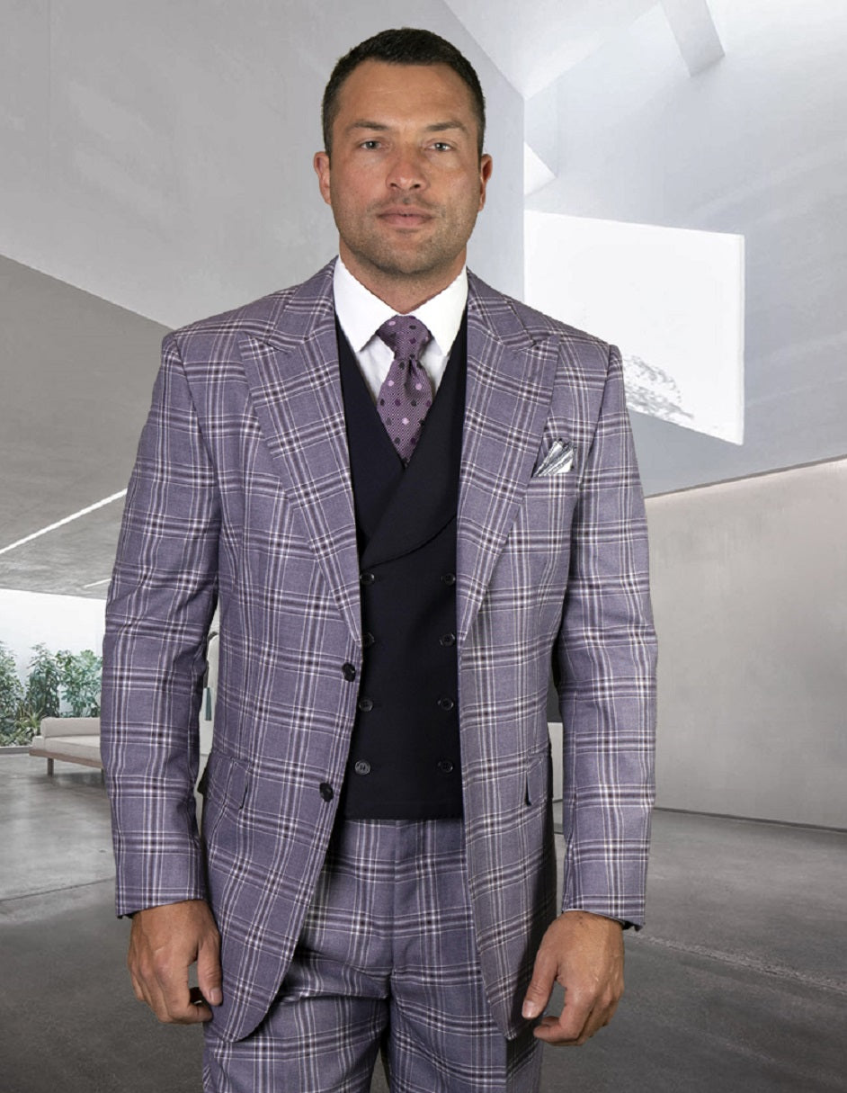 Mens 2 Button Wide Peak Lapel Suit with Double Breasted Shawl Lapel Vest in Eggplant Windowpane - 34 Short
