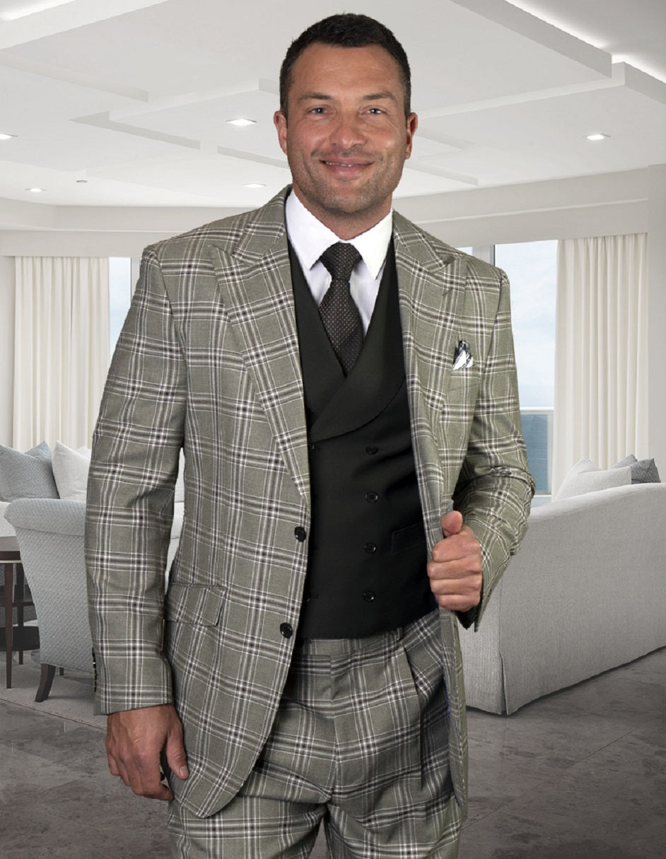 Mens 2 Button Wide Peak Lapel Suit with Double Breasted Shawl Lapel Vest in Olive Windowpane - 34 Short