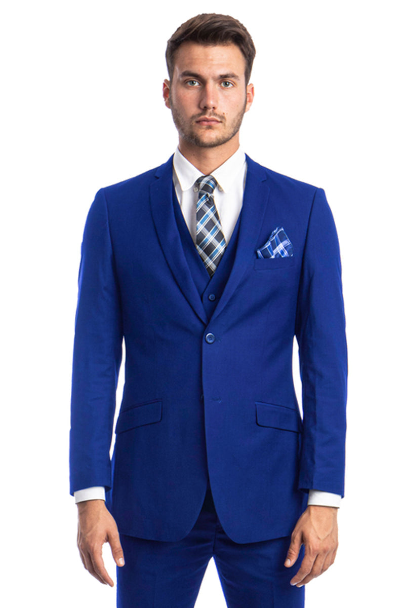 "Royal Blue Men's Slim Fit Wedding Suit - Two Button Basic Vested"