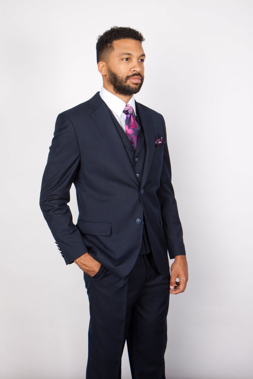 Mens Solid Navy Blue 3-Piece Suit CYRUS RM116 by Rossi Man