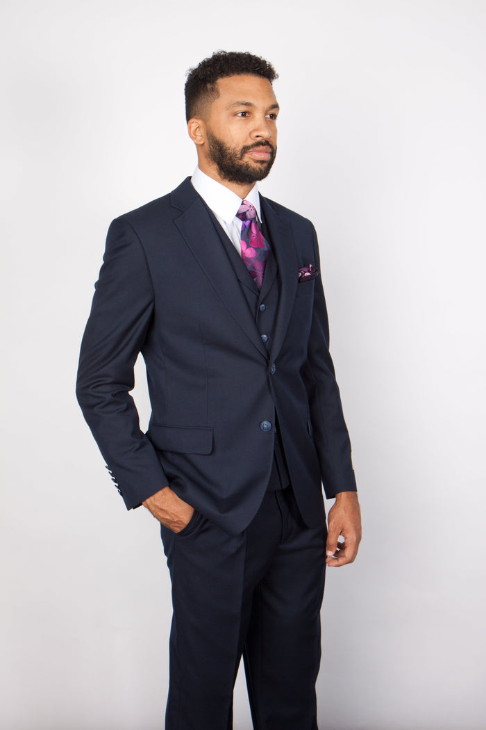 Mens Solid Navy Blue 3-Piece Suit CYRUS RM116 by Rossi Man