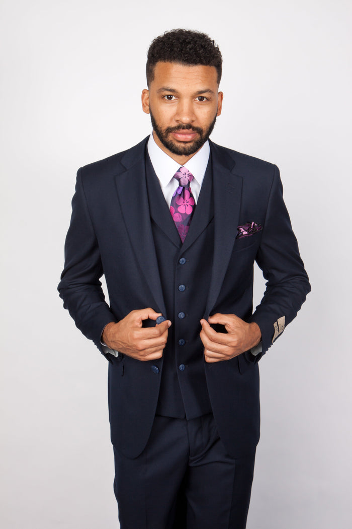 Mens Solid Navy Blue 3-Piece Suit CYRUS RM116 by Rossi Man