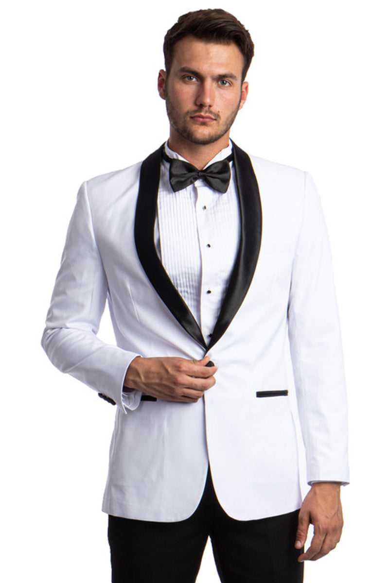 "White Men's Skinny Fit Shawl Prom Tuxedo - One Button Style"