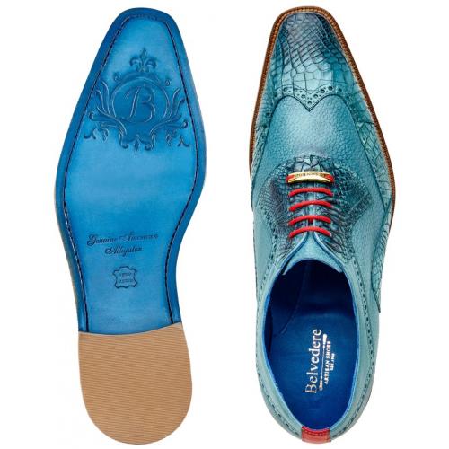 Belvedere Roberto Antique Aqua Genuine American Alligator  Calf Wingtip Oxford Shoes - 6