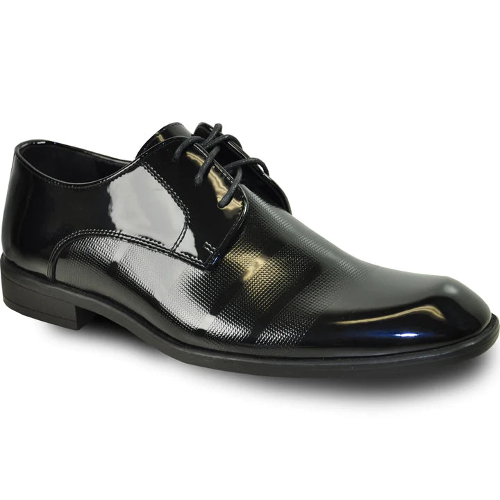 MENS CLASSIC PATENT TEXTURED TUXEDO OXFORD LACE UP DRESS SHOE IN BLACK