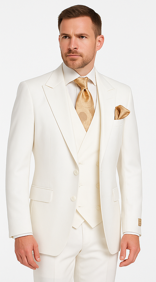Tailored Men’s Suit in Winter White – Rossi Man ELI RM202 Formal 3-Piece Set - 38R