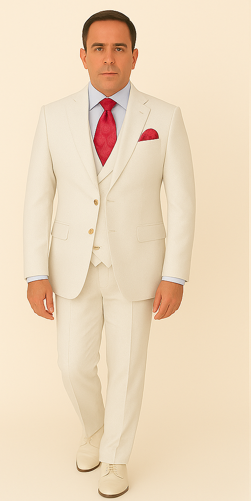 Rossi Man Slim Fit 3-Piece White Suit – Peak Lapel, Double-Breasted Vest & Flat Front Pants - 34R