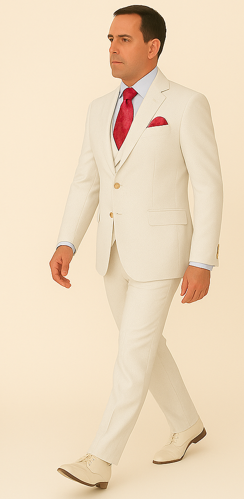 Rossi Man Slim Fit 3-Piece White Suit – Peak Lapel, Double-Breasted Vest & Flat Front Pants - 34R