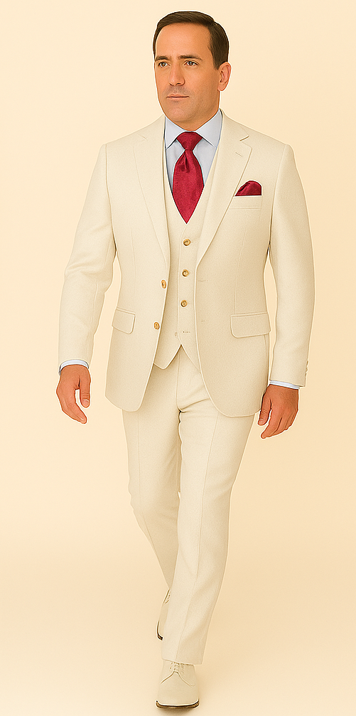 Rossi Man Slim Fit 3-Piece White Suit – Peak Lapel, Double-Breasted Vest & Flat Front Pants - 34R