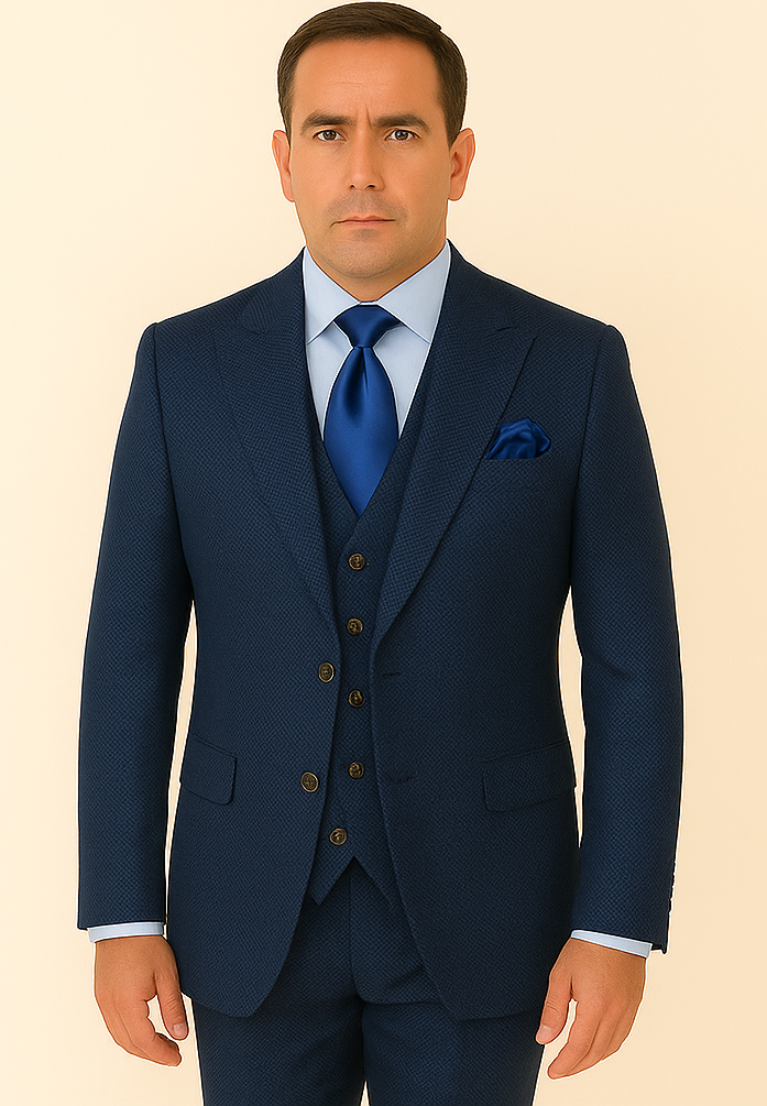Rossi Man BOND RM1752 Slim Fit 3-Piece Navy Suit – 1-Button Peak Lapel, Double-Breasted Vest & Flat Front Pants - 34R