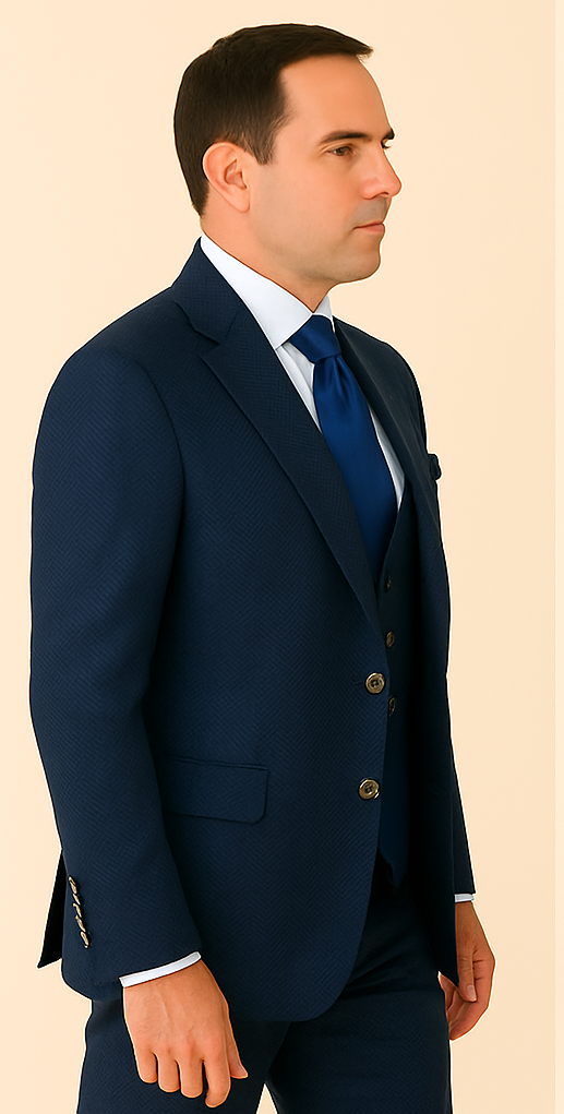 Rossi Man BOND RM1752 Slim Fit 3-Piece Navy Suit – 1-Button Peak Lapel, Double-Breasted Vest & Flat Front Pants - 34R