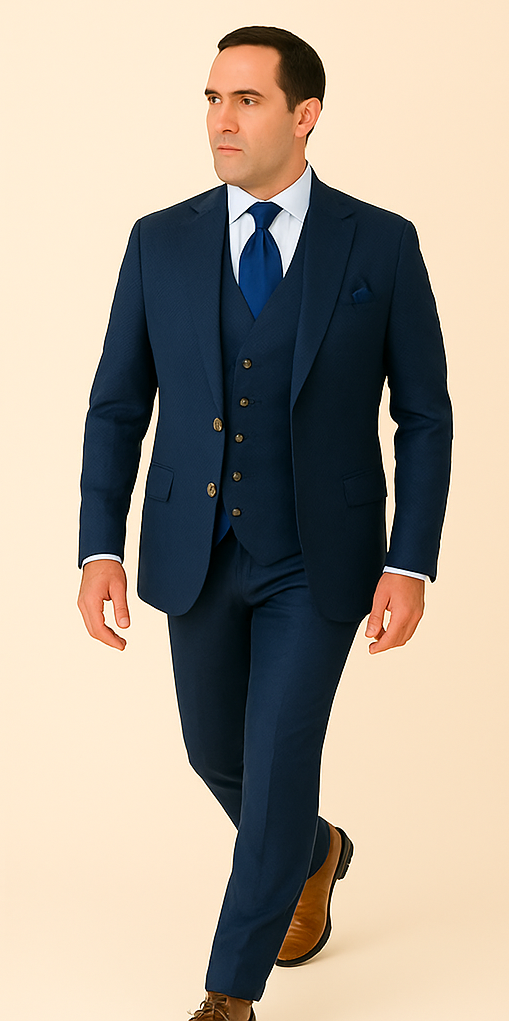 Rossi Man BOND RM1752 Slim Fit 3-Piece Navy Suit – 1-Button Peak Lapel, Double-Breasted Vest & Flat Front Pants - 34R