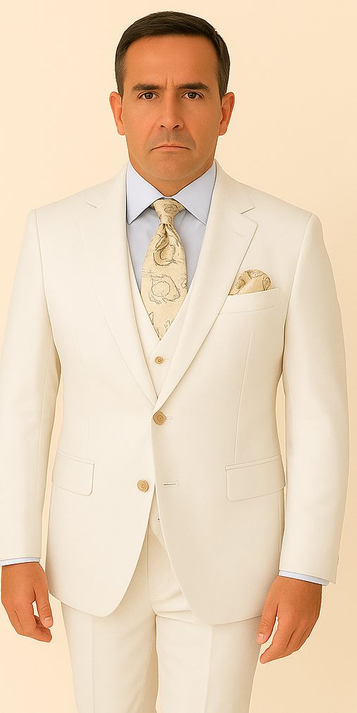 Rossi Man BOND RM1770 Slim Fit 3-Piece White Suit 1-Button Peak Lapel, Stylish Mens Formal wear