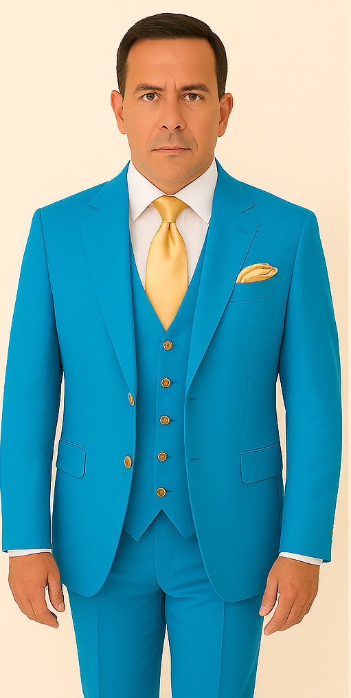 Rossi Man BOND RM1776 Slim Fit 3-Piece Suit â€“ Tailored Turquoise Blue Suit for Formal Occasions - 34R