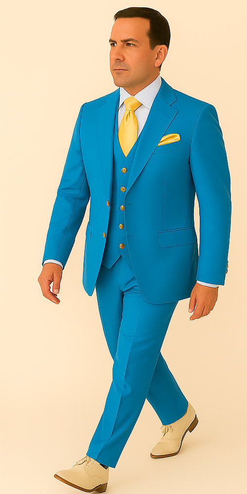 Rossi Man BOND RM1776 Slim Fit 3-Piece Suit â€“ Tailored Turquoise Blue Suit for Formal Occasions - 34R