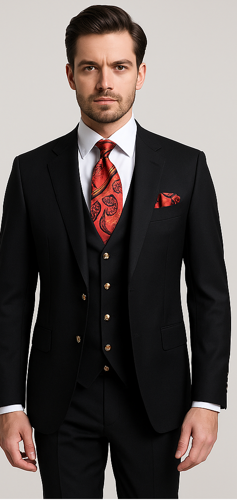 Mens Modern Formal Suit Rossi Man Max 3-Piece Slim Fit in Solid Black | RM1101