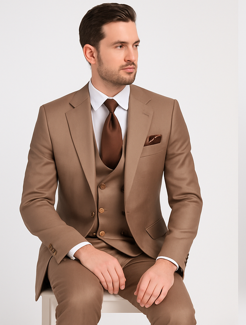 Mens Modern Formal Suit Rossi Man Max Slim Fit 3-Piece in Solid Mocha | RM1172