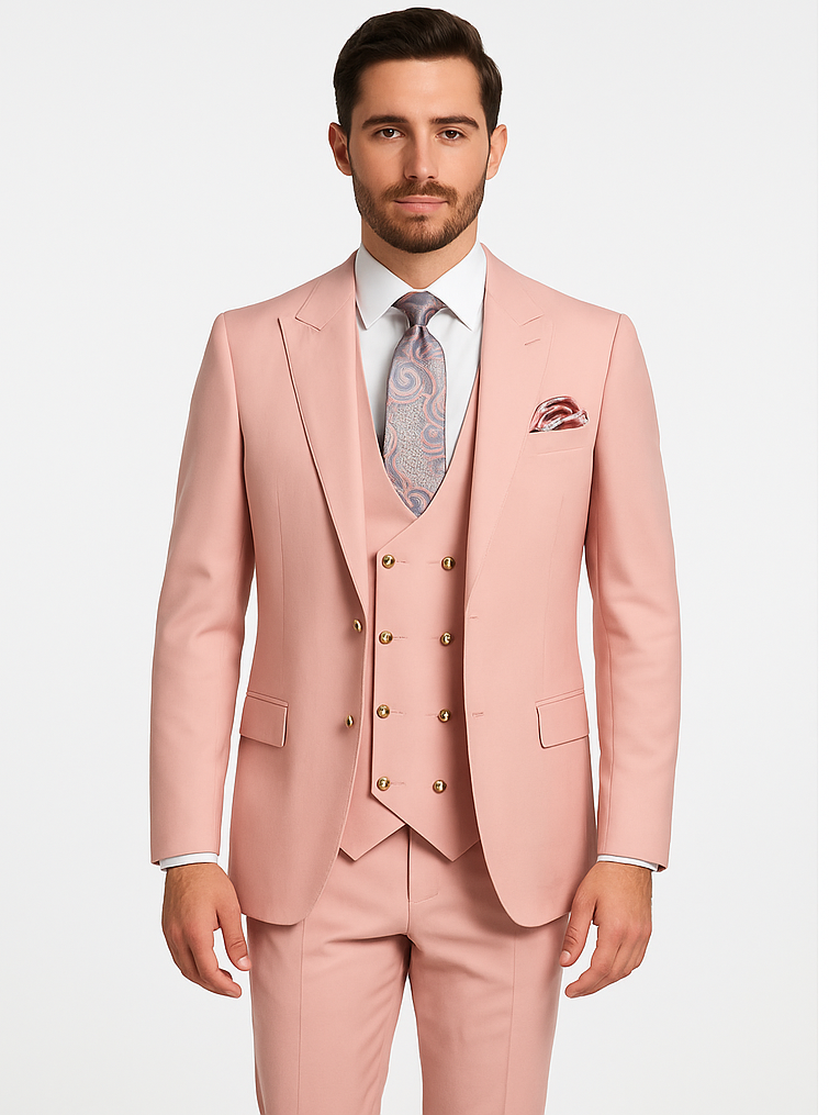 Rossi Man MAX RM1203 Slim Fit 3-Piece Suit – Stylish Solid Pink Formalwear for Men - 34R