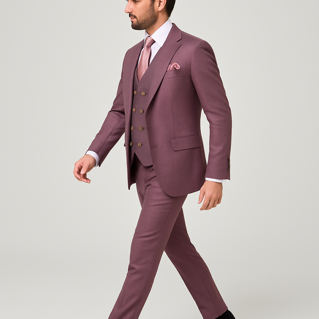 Rossi Man MAX RM1381 Slim Fit 3-Piece Suit â€“ Modern Tailored Solid Raspberry Suit for Men - 34R