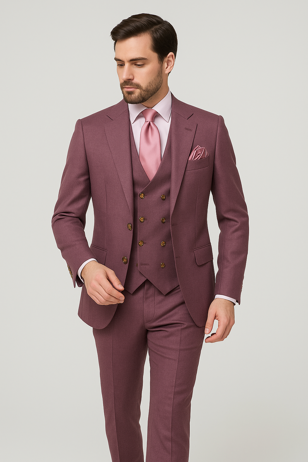 Rossi Man MAX RM1381 Slim Fit 3-Piece Suit â€“ Modern Tailored Solid Raspberry Suit for Men - 34R