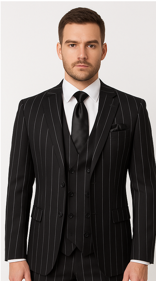 Rossi Man Max RM1728 Slim Fit 3-Piece Mens Suit in Black Stripe