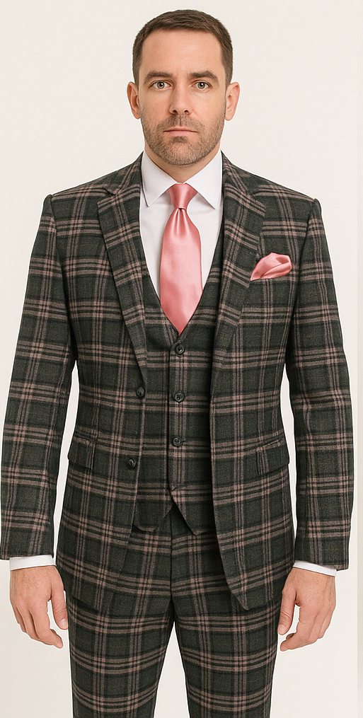 Rossi Man MAX RM1739 Slim Fit 3-Piece Suit – Stylish Black and Pink Tailored Suit for Men - 34R