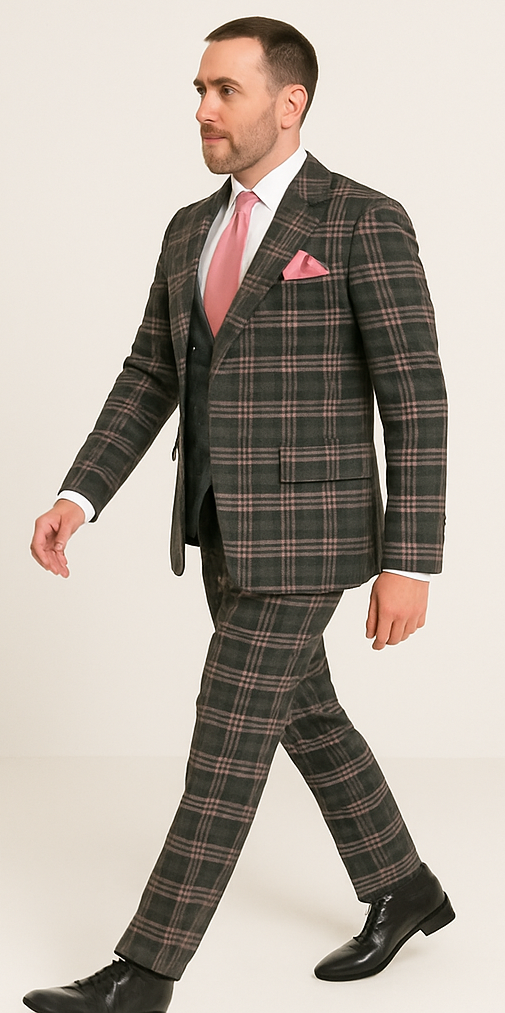 Rossi Man MAX RM1739 Slim Fit 3-Piece Suit – Stylish Black and Pink Tailored Suit for Men - 34R