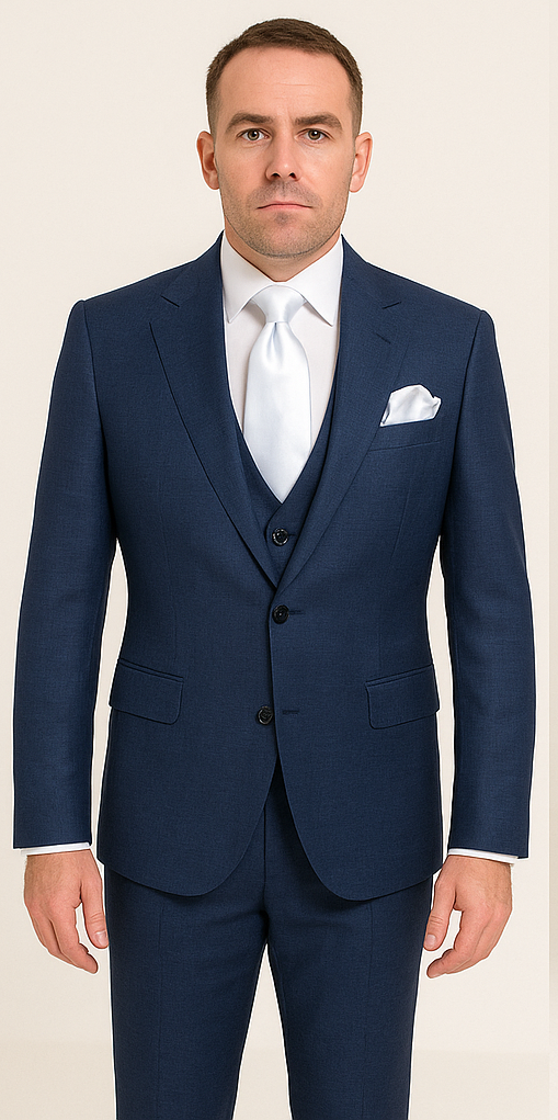 Rossi Man MAX RM1783 Slim Fit 3-Piece Suit – Modern Solid Blue Suit for Men - 34R