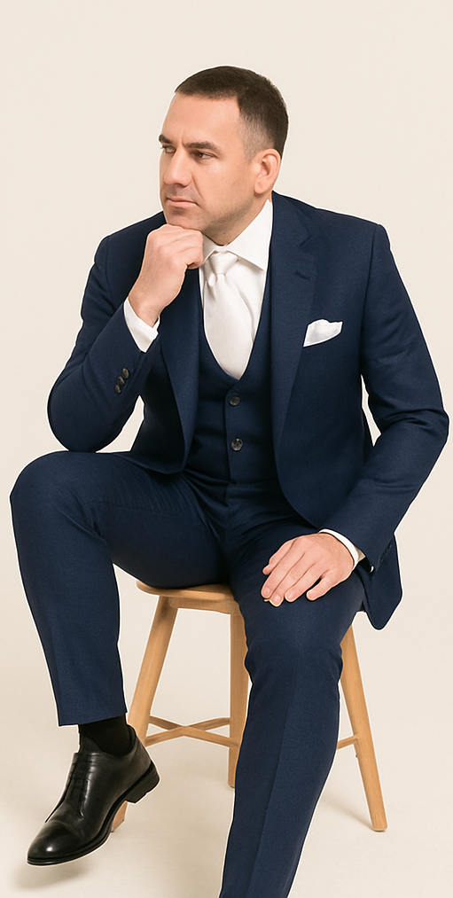 Rossi Man MAX RM1783 Slim Fit 3-Piece Suit – Modern Solid Blue Suit for Men - 34R