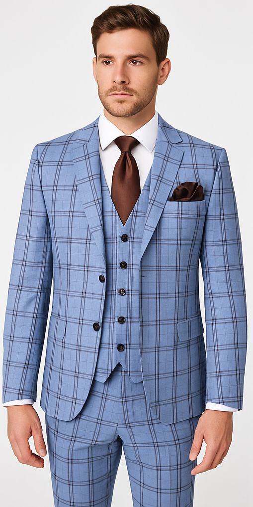 Rossi Man MAX RM1822 Slim Fit 3-Piece Suit – Premium Light Blue & Brown Plaid Formal Suit for Men - 34R