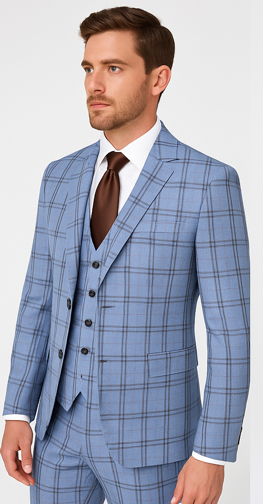 Rossi Man MAX RM1822 Slim Fit 3-Piece Suit – Premium Light Blue & Brown Plaid Formal Suit for Men - 34R