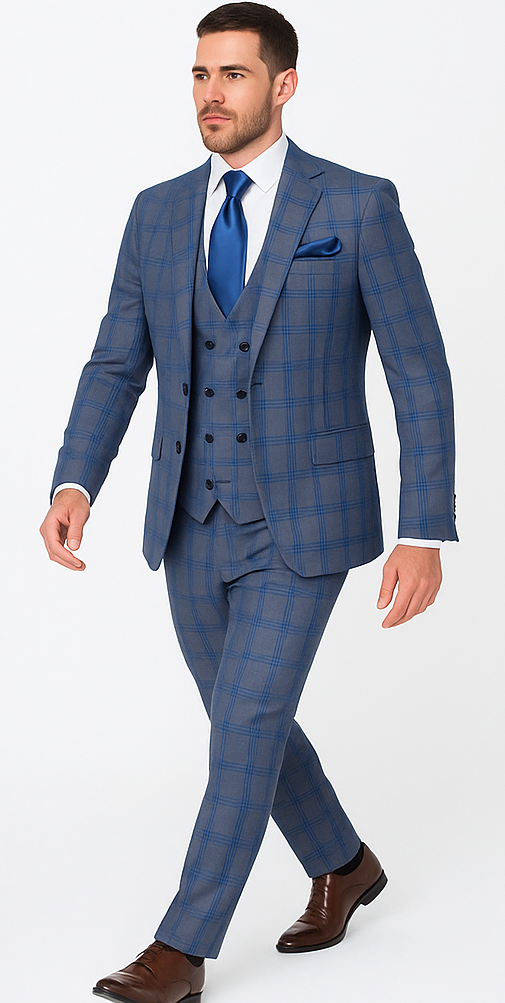 Rossi Man MAX RM1823 Slim Fit 3-Piece Blue Plaid Suit â€“ Tailored for Weddings & Business - 34R