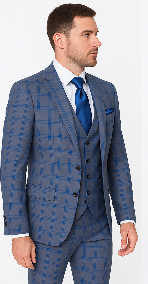 Rossi Man MAX RM1823 Slim Fit 3-Piece Blue Plaid Suit â€“ Tailored for Weddings & Business