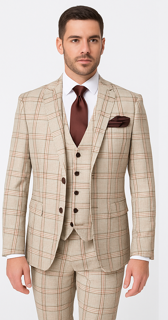 Rossi Man MAX RM1824 Slim Fit 3-Piece Light Brown Suit – Elegant Formalwear for Men - 34R