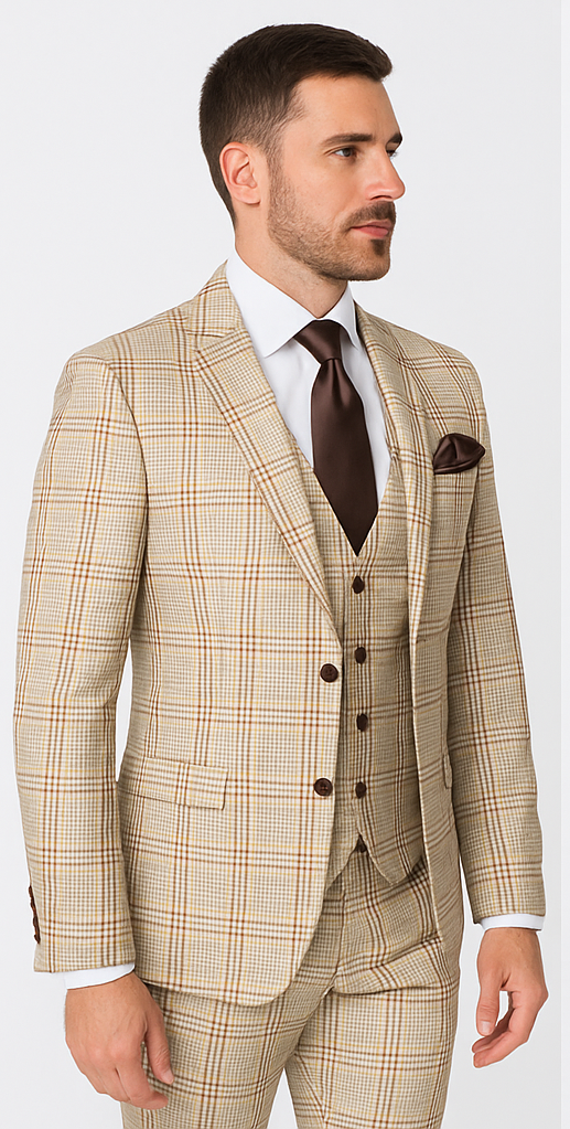 Rossi Man MAX RM1824 Slim Fit 3-Piece Light Brown Suit – Elegant Formalwear for Men - 34R