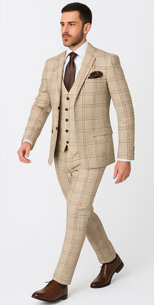 Rossi Man MAX RM1824 Slim Fit 3-Piece Light Brown Suit – Elegant Formalwear for Men - 34R
