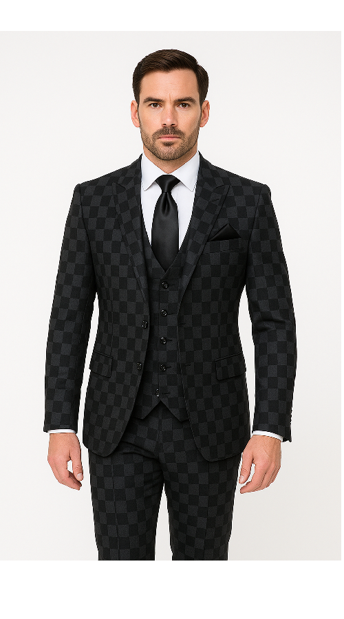 Rossi Man Max RM1837 Mens Slim Fit Tailored 3-Piece Suit in Black - 34R