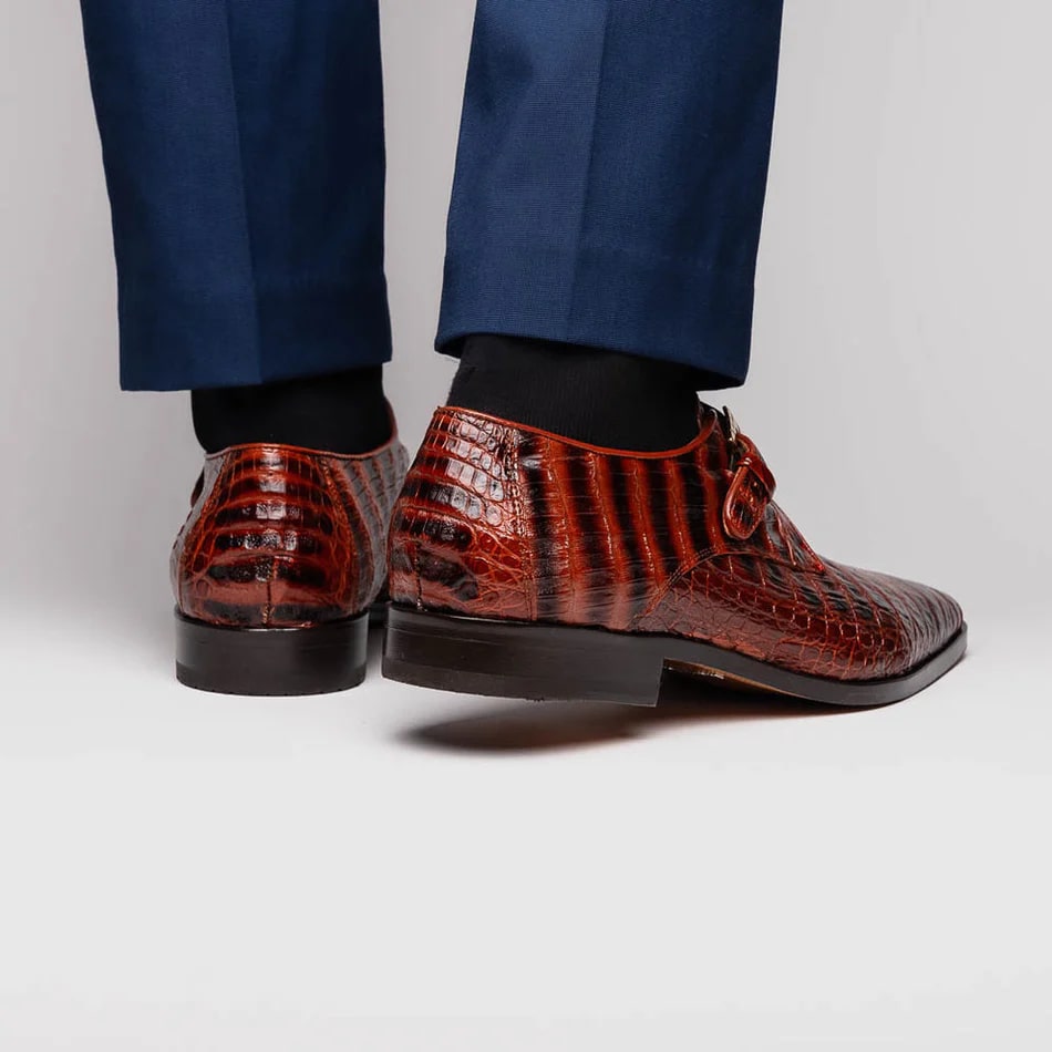 Marco Di Milano Rovigo Men's Shoes Cognac Exotic Crocodile Skin Single Monk-strap Loafers - 8.5