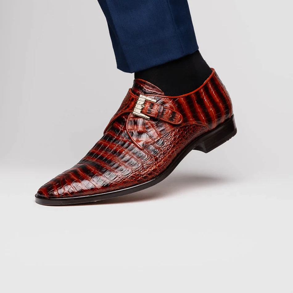 Marco Di Milano Rovigo Men's Shoes Cognac Exotic Crocodile Skin Single Monk-strap Loafers - 8.5