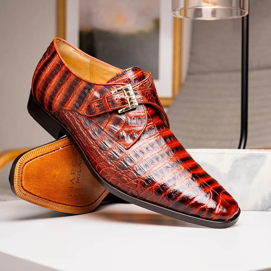 Marco Di Milano Rovigo Men's Shoes Cognac Exotic Crocodile Skin Single Monk-strap Loafers - 8.5